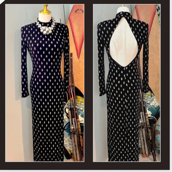 VTG Cach’e,Exquisite,Vintage Black & Silver,Open-Back Gown, Side Splits,6 - Picture 4 of 16